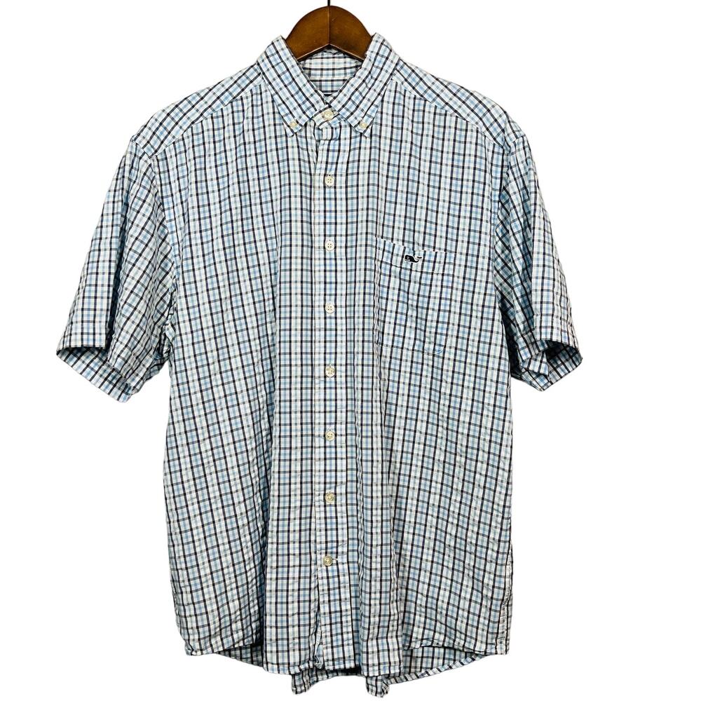 Vineyard Vines Button Up Shirt Short Sleeve Blue Tan - M